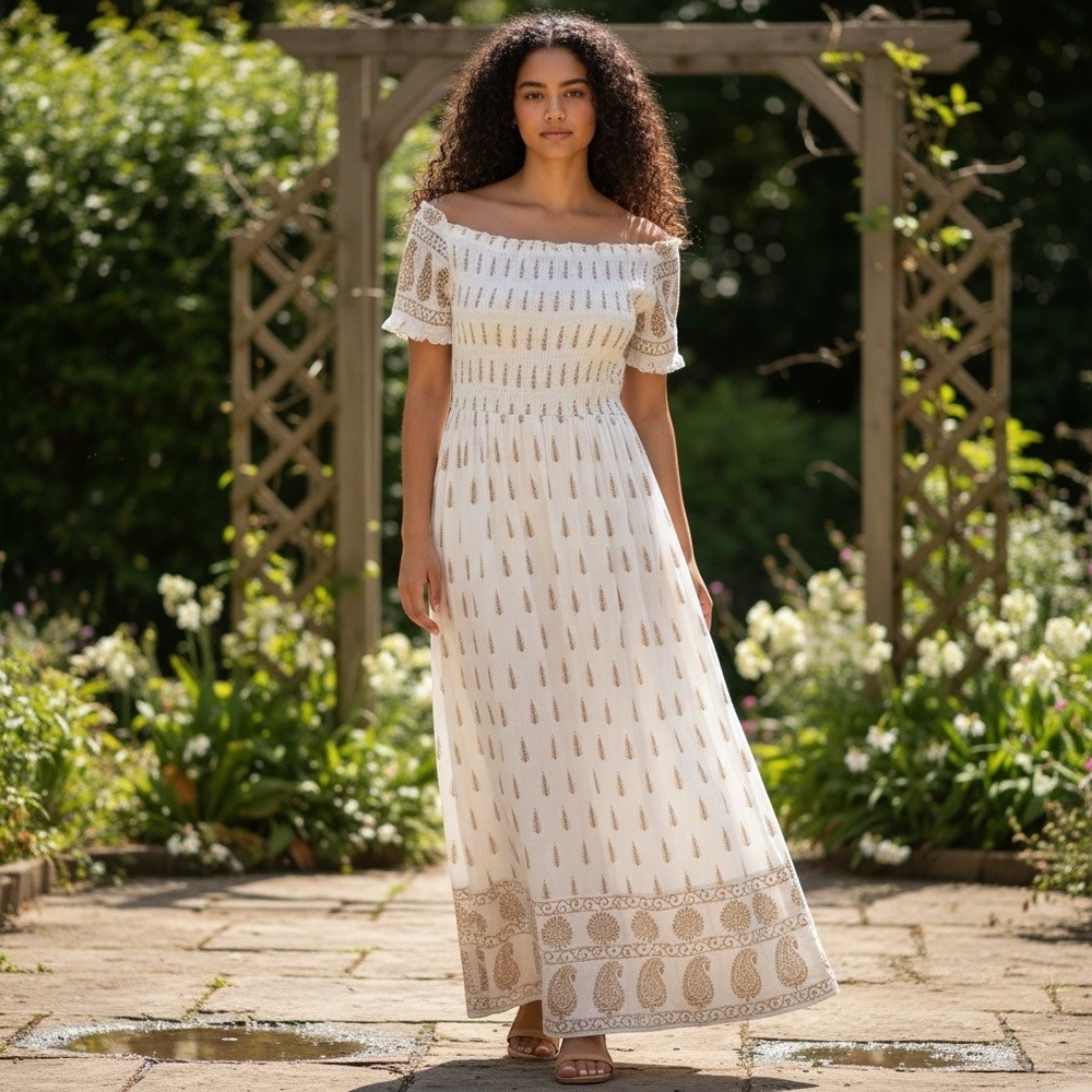 Lapogee Womens‎ 2X White Gold Feather Print Smocked Off Shoulder Maxi Dress New